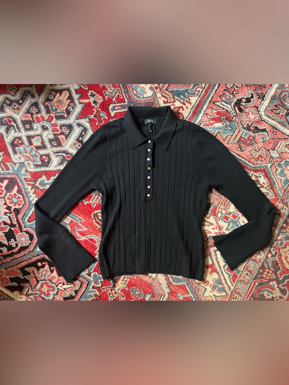 ME+EM Wool and Silk Knit Polo Black Sweater with Gold Buttons— Womens 12